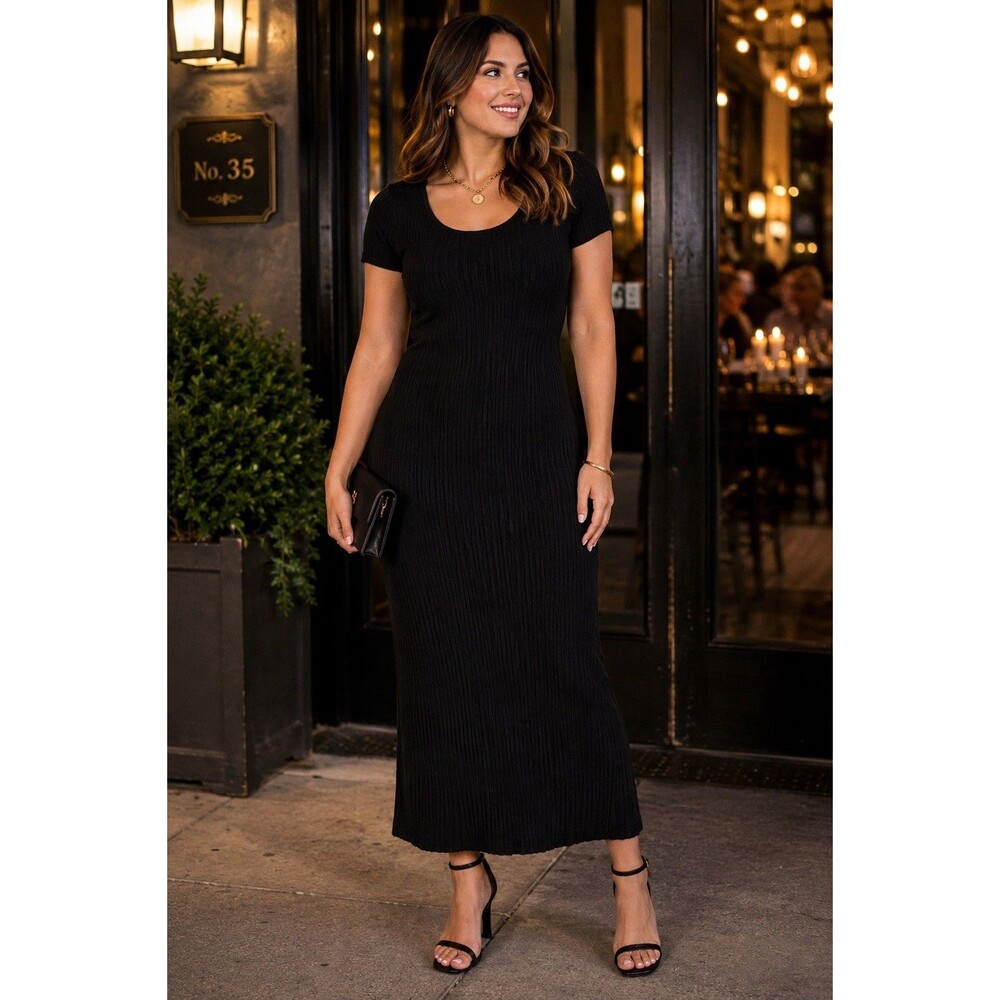 Mitilly Womens Black Textured Ribbed Midi Dress Short Sleeve Stretch Size Medium